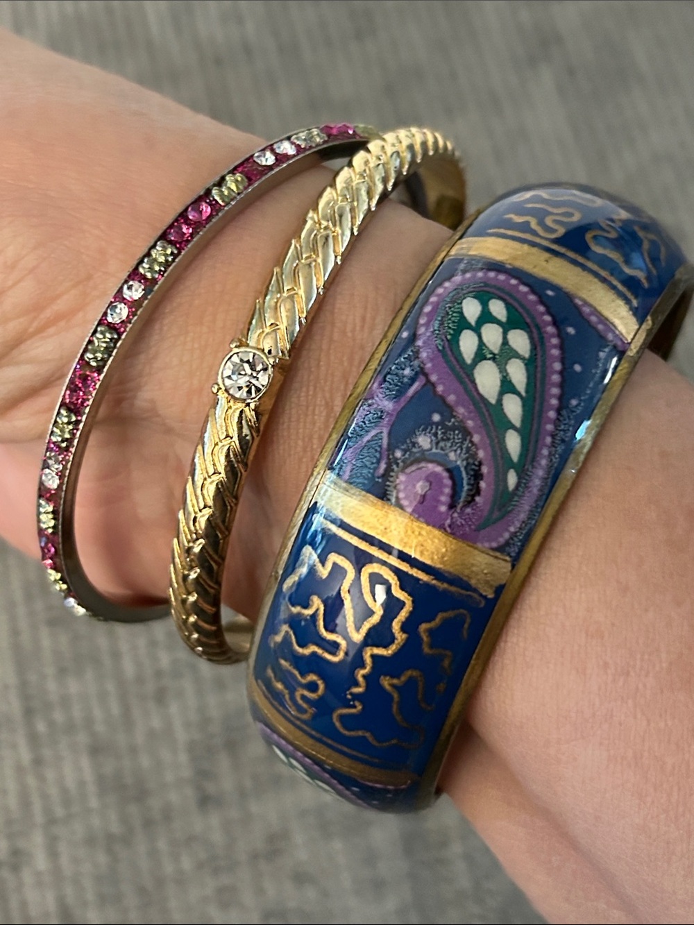 Blue & Gold enamel brass Bangle with 2 thinner bangle bracelets goldtone & pink